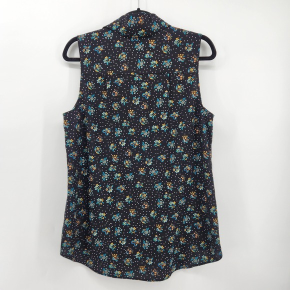 Cabi Black Blue Polka Dot Floral Sleeveless Blouse Top Button Down Collared M - Picture 2 of 6